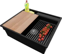 PRIMAGRAN Spülbecken Schwarz 58x53cm, Granitspüle 1 Becken + Ablauf-Set + Küchenzubehörset, Küchenspüle ab 60er Unterschrank - Oslo Pocket