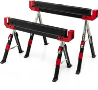 COSTWAY 2místný pracovní kozlík výškově nastavitelný s rukojetí, skládací kozlík do 1180 kg, přenosný kozlík s protiskluzovou PVC deskou, černo-červený