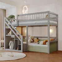 Merax Etagenbett 90x200cm mit Treppe und Stauraum, Hochbett mit Rausfallschutz und Lattenrost,Einzelbett Kinderbett Holzbett Jugendbett Stockbett,Grau