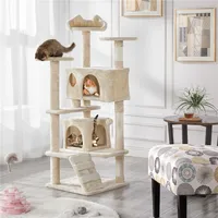 Yaheetech Kratzbaum Kletterbaum Katzenkratzbaum mit 3 Aussichtsplattformen Katzenbaum 138 cm mit 2 Kuschelhöhlen Stabil Spielbaum Beige