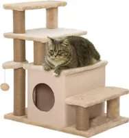 PawHut Haustiertreppe, 3/4-stufige höhenverstellbare Katzentreppe mit Schlafhöhle, 2-in-1 Hunderampe für kleine Hunde und Katzen, Aufstiegshilfe für Katzen bis 5 kg, Beige
