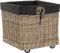 KRINES HOME Großer Rollkorb mit Griffen / Holzkorb mit Rollen aus grauem Natur Rattan / Aufbewahrung Holz-Wagen Räder Kaminholz-Korb Kamin Allzweck-Korb mit Inlett (Quadratisch)