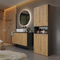 Hochschrank mit 4 Türen Nolan 2k DK Badregal mit 2 Wäschkorbe 60 cm breit Schrank für Badezimmer, Farbe: Anthrazit + Artisan