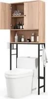 COSTWAY Toilettenschrank freistehend, Toilettenregal mit 2 Türen & 2 Haken, Badezimmerregal mit verstellbarem Regal Überbauschrank Waschmaschinenregal, 63 x 23 x 165,5 cm Natur