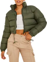 ASKSA Damen Puffer Jacke Kurz Stehkragen Gesteppte Cropped Dicke Winterjacke Outdoor, Armeegruen, S