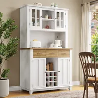 Kuechenschrank Hochschrank Kuechenbuffet Vitrinenschrank Buffetschrank mit Verstellbaren Ablagen Sideboard mit LED Mit Holzfarbene Schubladen