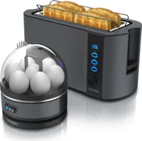 Arendo - SET Toaster FRUKOST mit Eierkocher SEVENCOOK Edelstahl Grau, Toaster 4 Scheiben, LED-Display, 6 Bräunungsgrade, Brötchenhalter - Eierkocher 1-7 Eier, Messbecher