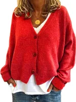 ASKSA Damen Strickpulli Lose Lässige Strickjacken V-Ausschnitt Einfarbig Knopf Strickjacke Pullover, Rot, M