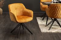 Drehbarer Design Stuhl EUPHORIA senfgelb Samt im Retrostil mit Ziersteppung Esszimmerstuhl Armlehnstuhl