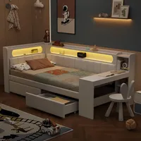 Flieks Jugendbett mit Led und Usb, Tagesbett Einzelbett mit Regal, Holzbett Klassisches Bett mit Schreibtisch und Schubladen, Kinderbett Weiß