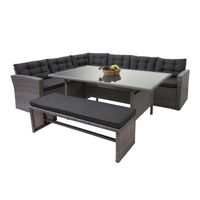 Poly-Rattan-Garnitur HWC-A29, Gartengarnitur Sitzgruppe Lounge-Esstisch-Set Sofa  grau, Kissen grau + Bank