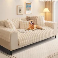 Kaninchen Plüsch Sofabezug L Form 1/2/3/4 Sitzer Sofa Überwurf Ecksofa U Form, Universelle rutschfeste Sofaschoner, Superweiche SofaÜberwurf aus Kunstpelz für Wohnzimmer,Creme,Sofakissen 90*240 cm