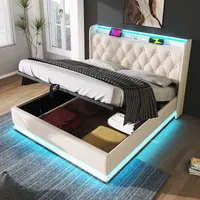 Abrihome Boxspringbett Polsterbett 180x200cm mit USB & LED, Hydraulisches Stauraumbett, Weiß Doppelbett