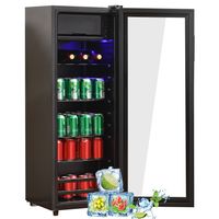 Merax Kühlschränke Getränkekühlschrank 128L Flaschenkühlschränke mit Gefrierfach, Glastür und LED-Beleuchtung, verstellebare Ablage, freistehend