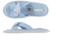 Damen Pantoffel Hausslipper blau kariert mit Schleife