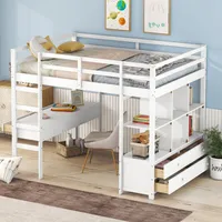 Flieks Etagenbett 140x200cm, Hochbett mit Schreibtisch und Regalen, Kinderbett Jugendbett mit Lattenrost und 6 Schubladen, Massivholzbett Stockbett, Weiß
