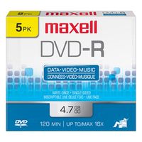 Maxell DVD-R 4.7GB 4x Printable White 5pk, 4,7 GB, 0,74 µm, 1,2 mm (0.0472"), -25 - 70 °C, -20 - 50 °C, 3 - 95