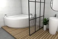 ECOLAM symmetrische Badewanne Eckbadewanne Standard Acryl weiß 150x150 cm + Schürze Ablaufgarnitur Ab- und Überlauf Automatik Füße Silikon