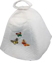Saunahut hell mit Stickerei "Schmetterlinge" Filzkappe für Sauna Saunamütze H - 26 cm