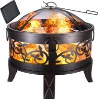 GARDEBRUK® Feuerschale mit Funkenschutz Rund Ø66cm Schürhaken Abdeckung Schwarz Modern Terrasse Garten Feuerstelle Feuerkorb Kamin Ofen Holz Grill