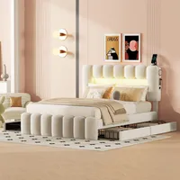 Merax Polsterbett 140x200cm mit LED, USB und Stereoanlage, Doppelbett mit höhenverstellbarem Kopfteil und 4 Schubladen, Samt Funktionsbett Stauraumbett
