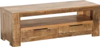 Massives TV-Board IRON CRAFT 130cm Mangoholz 2 Schubladen Lowboard Fernsehtisch Fernsehschrank