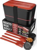 Umami Brotdose Bento-Lunchbox mit Holzdeckel, Fächern, Besteck und 2 Saucentöpfen