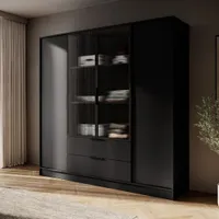 200 cm breite Schrank Jolie V schwarze Garderobenschrank mit Glastüren Kleiderschrank mit 4 Scharniertüren Drehtürenschrank mit 2 Schubladen, Farbe: Schwarz