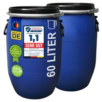 plasteo® 2 x 60 Liter Deckelfass Weithalsfass mit Spannverschluss Futtertonne Universalfass Lagerfass Campingfass Transportfass Maischefass Regenfass