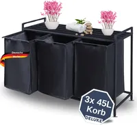 DELUKE® Wäschekorb 3 Fächer + Ablage, 3x45L | Wäschesammler 3 Fächer, Herausziehbare Wäschesäcke, Stahlrahmen, für Waschküche, Wäschekorb Schlafzimmer | 75,5 x 102,5 x 38 cm, Braun