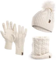 Damen Wintermütze Schlauchschal Handschuhe 3 teiliges Set | Warme Winter Mütze Schal Winterhandschuhe Beanie gefüttert beige