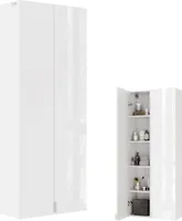 PLATAN ROOM Badezimmerschrank 2 TLG.-Set 150H x 60B x 25T cm hängend Badschrank Hängeschrank mit Soft-Close Funktion Badezimmermöbel Hochschrank Weiß Hochglanz