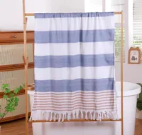 FEBE Strandtuch Badetuch Blau und Braun 180x80 cm Baumwolle Ultraleicht mit Handgeknüpften Hamamtuch Saunatuch Picknickdecke Towel
