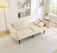 Merax 2-in-1 Schlafsofa Zweisitzer, Verstellbares Funktionssofa mit Samtbezug und Schlaffunktion, Klappbare Armlehnen, inkl. Kissen, Beige