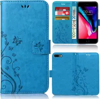 Handy Tasche für Apple iPhone 8 Plus Schutz Hülle Handyhülle mit Blumenmuster Klapp Hülle mit Standfunktion und Kartenfächer Blau