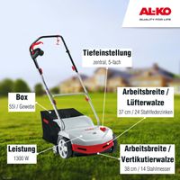 AL-KO Elektro-Vertikutierer Combi Care 38 E Comfort (38 cm Arbeitsbreite, 1300 Watt Motorleistung, Arbeitstiefe 5-fach zentral verstellbar, inkl. stabiler Vertikutierwalze, Lüfterwalze und großem Fangsack, für Rasenflächen bis 800 m²)