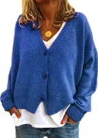 ASKSA Damen Strickpulli Lose Lässige Strickjacken V-Ausschnitt Einfarbig Knopf Strickjacke Pullover, Blau, M