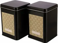 Dosenritter | 2 x eckige Teedose/Kaffeedose, schwarz, STAPELBAR, für je 400g Earl Grey, inkl. 2 Art Déco Klebeetiketten | 15,3 x 10,6 x 10,6 cm H,B,T