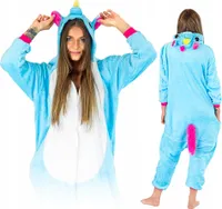 Kombinéza pre mužov a ženy - mäkké a príjemné pyžamo Uni - teplé pyžamo - obľúbený a vtipný motív jednorožca - veľkosť - Blue/Pink Pegasus - S