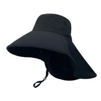 Damen Fischerhut UV-Schutz Breite Krempe Sonnenhüte mit Nackenschutz, Farbe: Schwarz