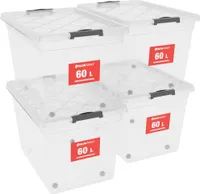 ATHLON TOOLS 4x 60 L Aufbewahrungsboxen mit Deckel, lebensmittelecht - Verschlussclips - 100% Neumaterial Plastik-Box transparent