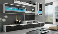 Skraut Home - Glanzlack Wohnwand, Wohnzimmer, Wohnzimmerschrank, Anbauwand, Esszimmer mit LEDs, weiß matt und schwarz lackiert, Maße: 250 x 194 x 42 cm, Tiefe.