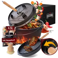 GUSSKÖNIG Dutch Oven Set [4.5L] mit Füßen - Eingebrannter Feuertopf mit innovativem 2in1 Deckelheber, Bürste und Rezeptbuch [für 1-3 Personen]