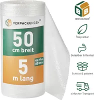 1 x Luftpolsterfolie (0,5 x 5 m) echte 60 my stark, Versandfolie, Polsterfolie zum Schutz von empfindlichen Gegenständen, recycelbar BB-Verpackungen