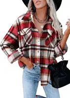ASKSA Damen Bluse Kariert Hemdjacke Knöpfe Langarm Strickjacke Jacke Freizeithemd, Rot, S