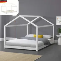 DELUKE® Kinderbett 120x200 cm FOGO - mit Lattenrost | Kiefernholz, Haus-Optik | Einzelbett Hausbett Kinderzimmer Bodenbett Montessori Bett | Weiß