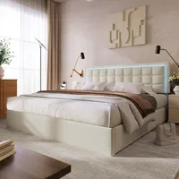 okwish Polsterbett Doppelbett mit LED-Beleuchtungsleiste, Lattenrost und Stauraum Bettgestell 160x200cm, Stauraumbett Funktionsbett Weiß