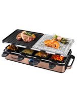 Bestron 2-in-1 Raclette-Partygrill: elektrisches Raclette für bis zu 8 Personen, kratzfester Naturgrillstein & antihaftbeschichtete Grillplatte, 8 Pfännchen & 8 Schaber, 1.400 Watt, Farbe: Kupfer