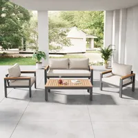 Merax Gartenmöbel-Set mit Stahlrahmen, 4-tlg. Gartenlounge mit Akazienholz Tisch und Armlehnen, Balkonmöbel Set mit Kissen, Loungeset für 4 personen