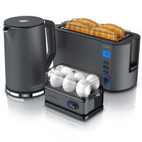 Arendo 3-teiliges Frühstücksset, Wasserkocher ELEGANT 1,5l, 4-Scheiben Toaster, 6er Eierkocher, Grau